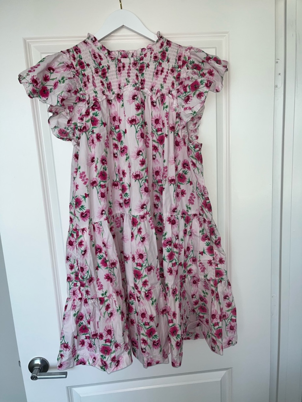 Womens Pink Floral Smocked Ruffle Dress
